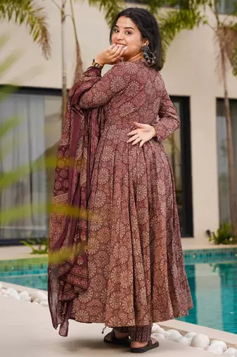 Coffee digital printed mal cotton anarkali set with dupatta