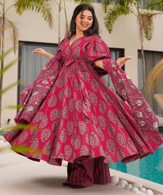 Rani pink digital printed mal cotton anarkali set with dupatta 1