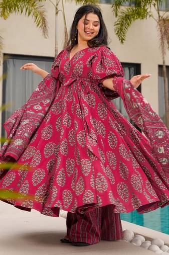 Rani pink digital printed mal cotton anarkali set with dupatta