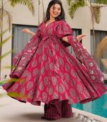 Rani pink digital printed mal cotton anarkali set with dupatta