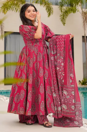 Rani pink digital printed mal cotton anarkali set with dupatta