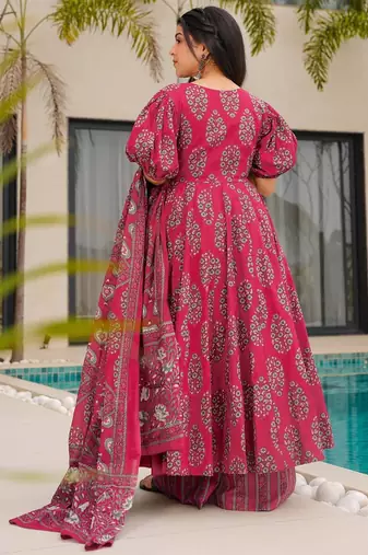 Rani pink digital printed mal cotton anarkali set with dupatta