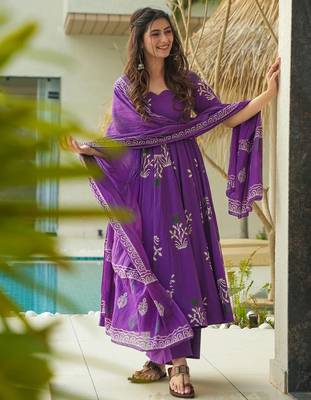 Purple digital printed mal cotton anarkali set with dupatta 1