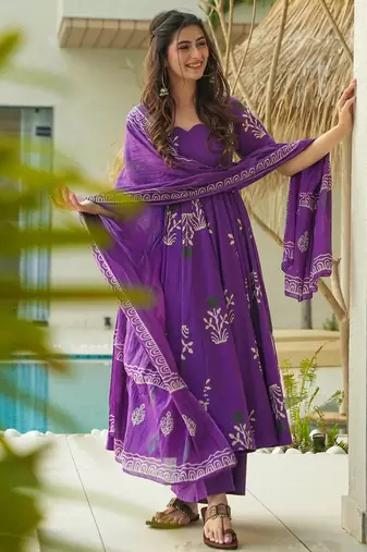 Purple digital printed mal cotton anarkali set with dupatta