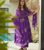 Purple digital printed mal cotton anarkali set with dupatta