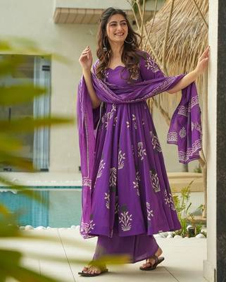 Purple digital printed mal cotton anarkali set with dupatta 2