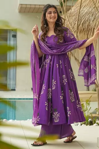 Purple digital printed mal cotton anarkali set with dupatta