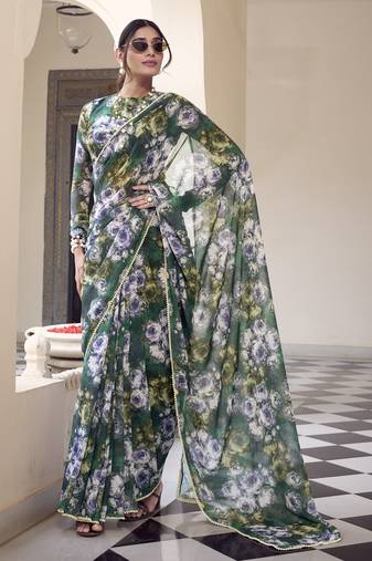 Elegant marble print weightless saree with floral motifs & pearl lace border