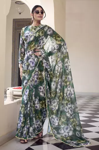 Elegant marble print weightless saree with floral motifs & pearl lace border