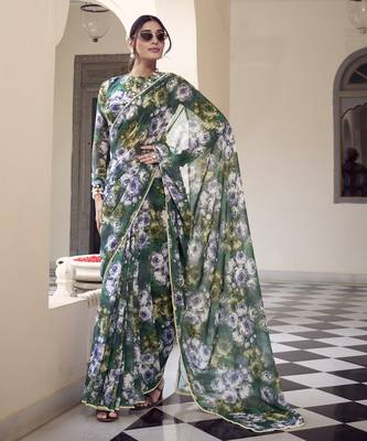 Elegant marble print weightless saree with floral motifs & pearl lace border 4