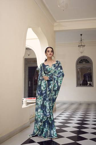 Floral printed weightless marble saree with pearl lace | partywear printed saree