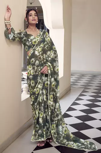 Floral printed weightless marble saree with pearl lace | partywear printed saree