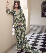 Floral printed weightless marble saree with pearl lace | partywear printed saree