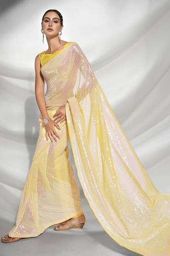 Celebrity-inspired heavy georgette sequins saree with mono banglori blouse