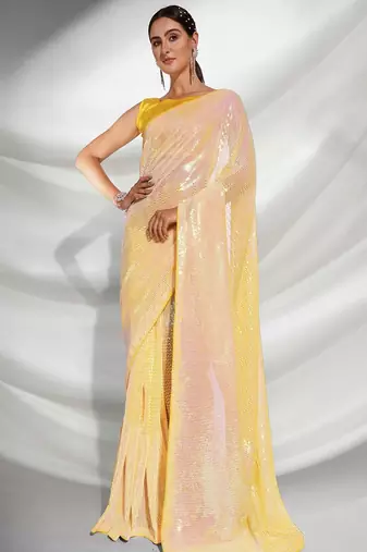 Celebrity-inspired georgette sequins saree with mono banglori blouse