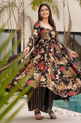 Multicolor digital printed mal cotton anarkali set with dupatta