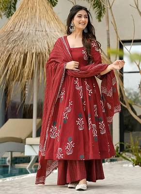 Maroon digital printed mal cotton anarkali set with dupatta 4