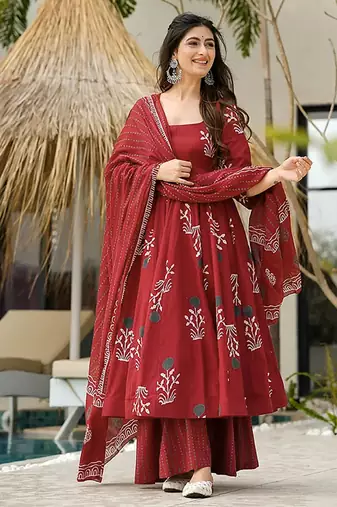 Maroon digital printed mal cotton anarkali set with dupatta