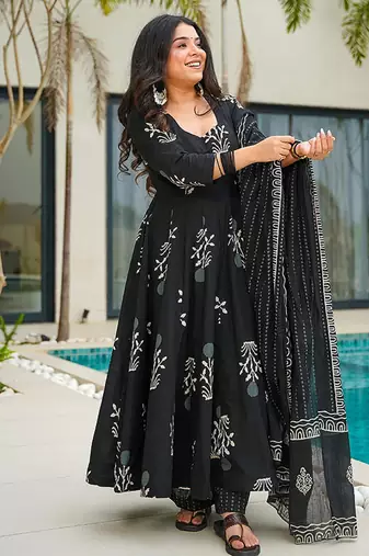 Black digital printed mal cotton anarkali set with dupatta
