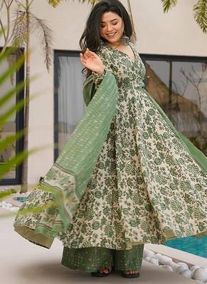 Sea green digital printed mal cotton anarkali set with dupatta 4