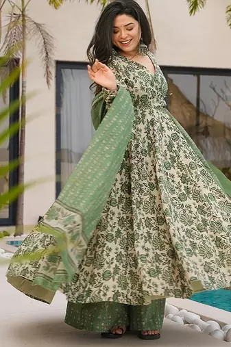 Sea green digital printed mal cotton anarkali set with dupatta