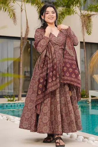 Coffee digital printed mal cotton anarkali set with dupatta