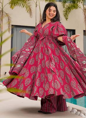 Rani pink digital printed mal cotton anarkali set with dupatta 4
