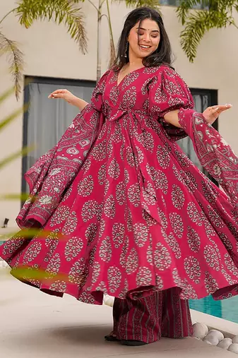 Rani pink digital printed mal cotton anarkali set with dupatta