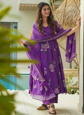 Purple digital printed mal cotton anarkali set with dupatta 3