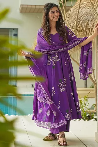Purple digital printed mal cotton anarkali set with dupatta