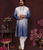 Blue & white ombre sequins embroidered cotton kurta for men | stylish festive & wedding wear