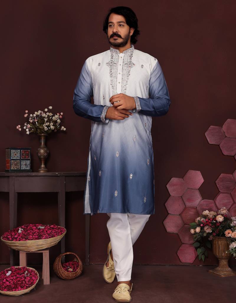 Blue & white ombre sequins embroidered cotton kurta for men | stylish festive & wedding wear