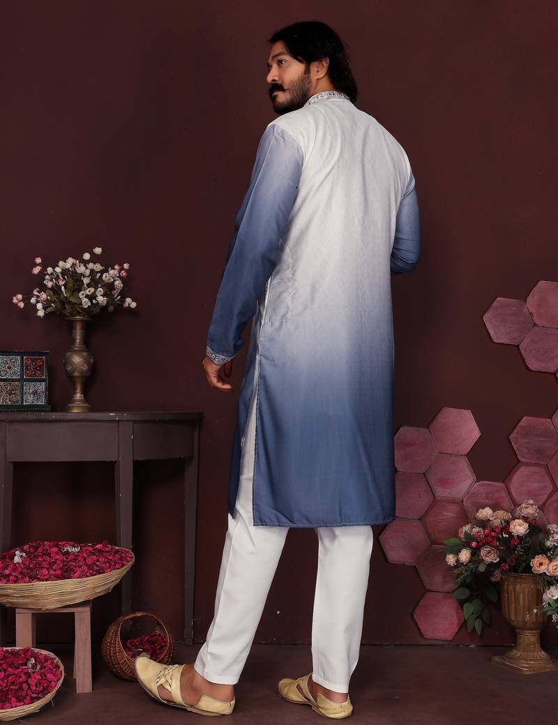 Blue & white ombre sequins embroidered cotton kurta for men | stylish festive & wedding wear