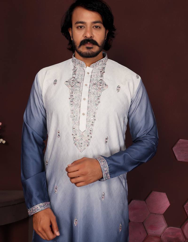 Blue & white ombre sequins embroidered cotton kurta for men | stylish festive & wedding wear
