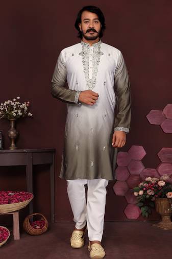 Grey & white sequins embroidered cotton kurta for men | festive designer ethnic wear