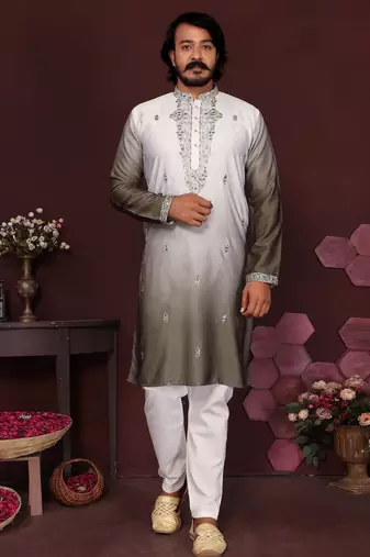 Grey & white sequins embroidered cotton kurta for men | festive designer ethnic wear