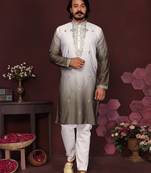 Grey & white sequins embroidered cotton kurta for men | festive designer ethnic wear