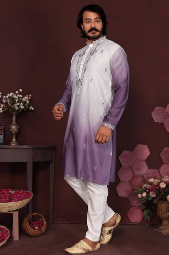 Purple ombre sequins embroidered cotton kurta for men | festive designer ethnic wear