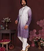 Purple ombre sequins embroidered cotton kurta for men | festive designer ethnic wear