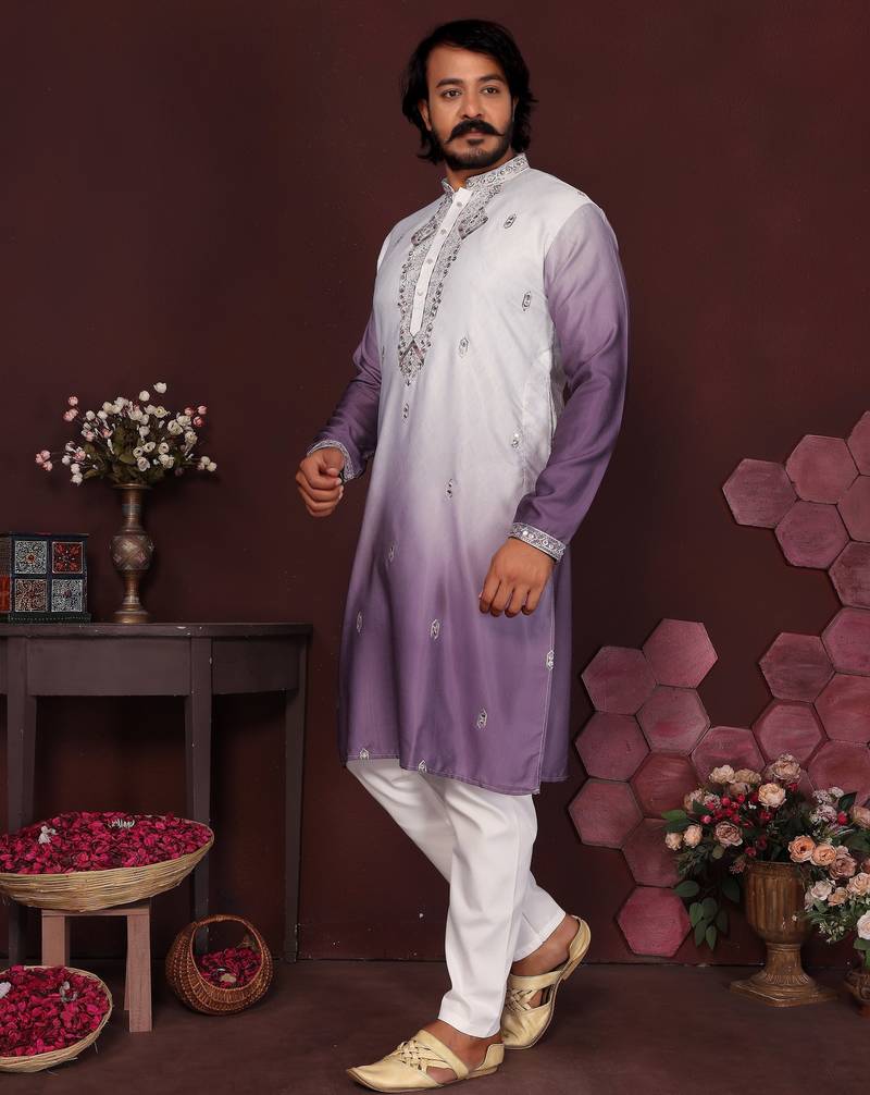 Purple ombre sequins embroidered cotton kurta for men | festive designer ethnic wear