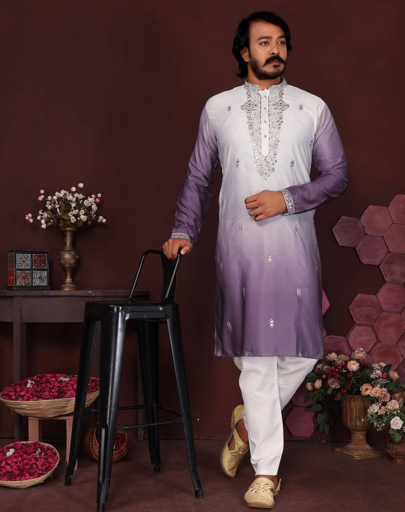 Purple ombre sequins embroidered cotton kurta for men | festive designer ethnic wear