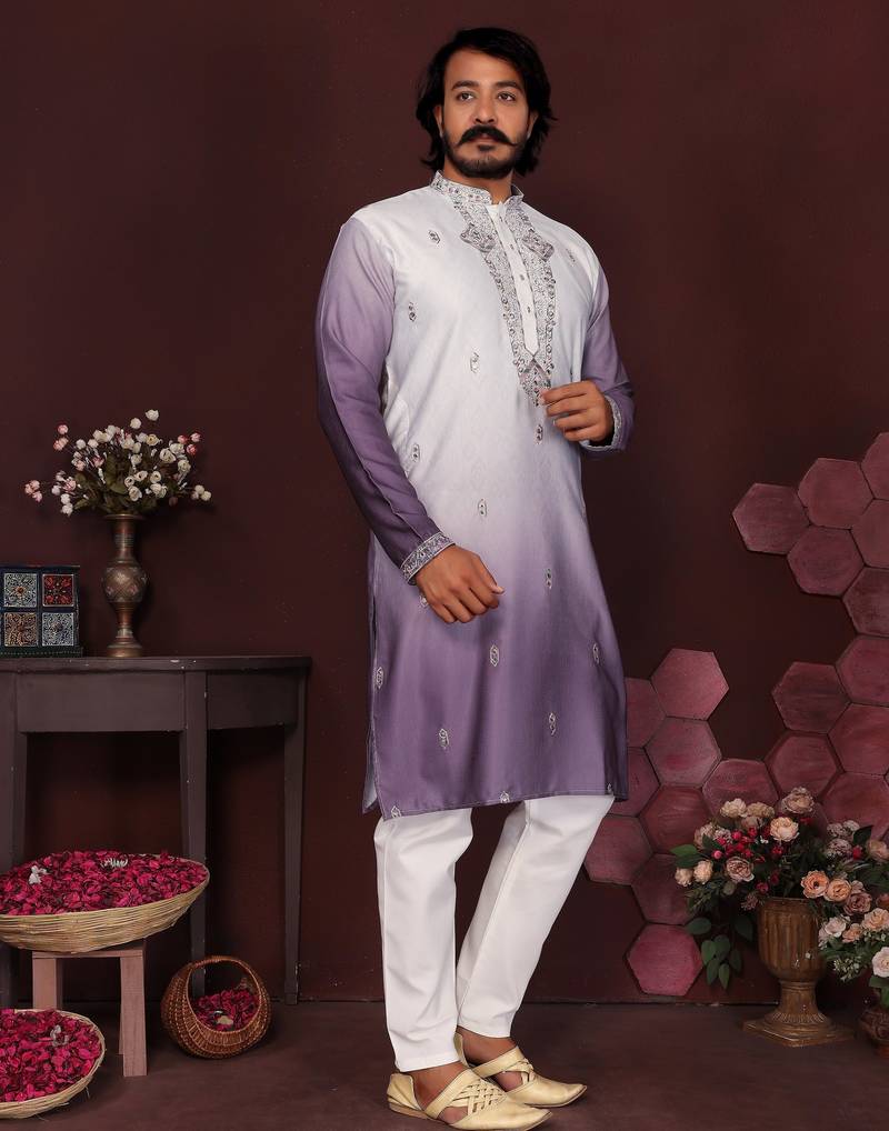 Purple ombre sequins embroidered cotton kurta for men | festive designer ethnic wear