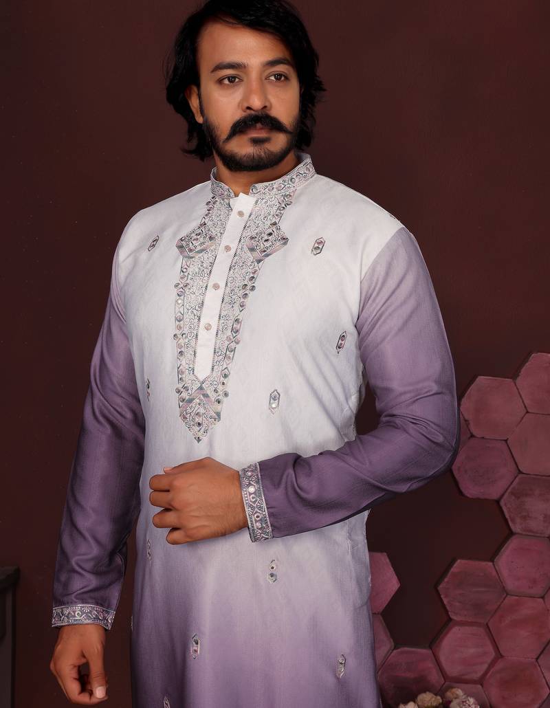 Purple ombre sequins embroidered cotton kurta for men | festive designer ethnic wear