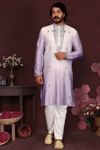 Lavender sequins embroidered cotton kurta for men | festive designer ethnic wear trendy