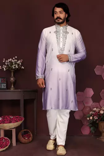 Lavender sequins embroidered cotton kurta for men | festive designer ethnic wear trendy