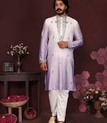 Lavender sequins embroidered cotton kurta for men | festive designer ethnic wear trendy