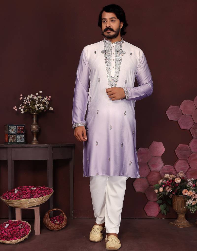 Lavender sequins embroidered cotton kurta for men | festive designer ethnic wear trendy