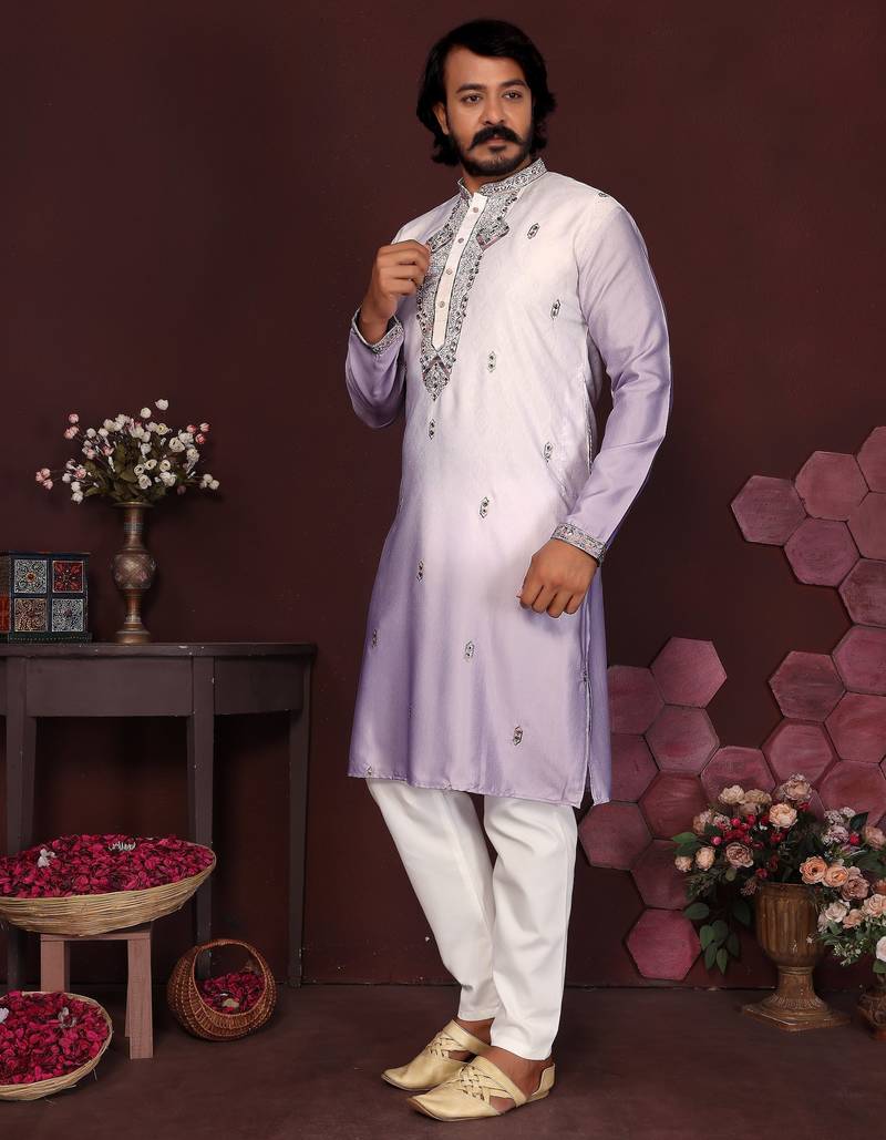 Lavender sequins embroidered cotton kurta for men | festive designer ethnic wear trendy