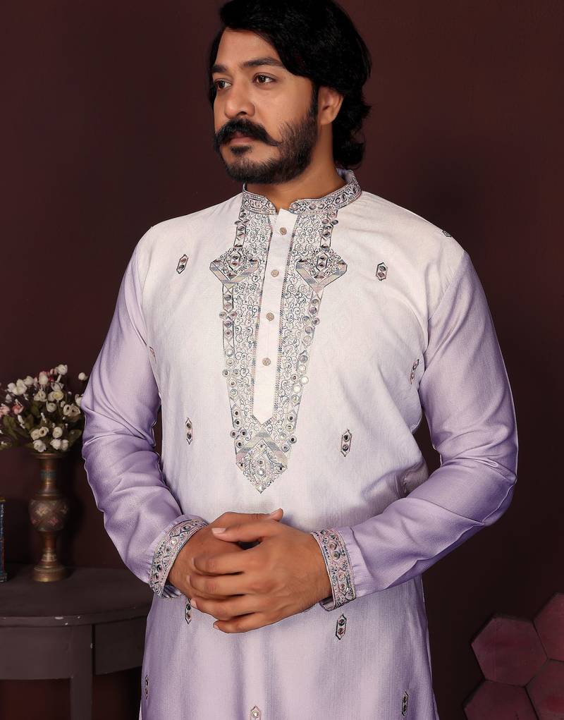 Lavender sequins embroidered cotton kurta for men | festive designer ethnic wear trendy