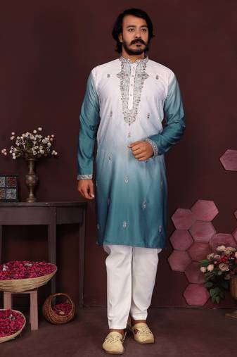Teal ombre sequins embroidered cotton kurta for men | festive designer ethnic wear